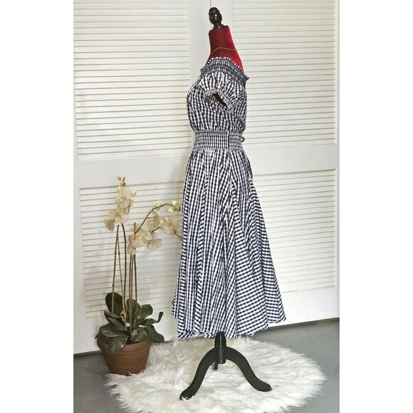 Chelsea & Theodore Women's Blue & White Gingham Off-Shoulder Dress Size M 088 - Picture 4 of 11